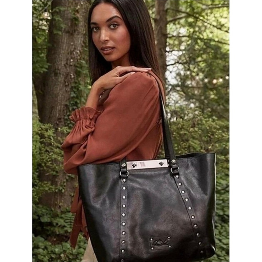 Patricia Nash Black Benvenuto Leather Studded Tote Bag Silver Hardware Shoulder